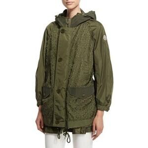 Moncler Fougere Oversized Floral Appliqué Coat Military Olive Green 00